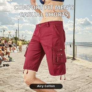 <b>Men's</b> <b>Red</b> Cargo <b>Shorts</b> Mid Waist Canvas Bermuda Style Casual Pockets Button Fly Drawstring Hem - Product Image 2