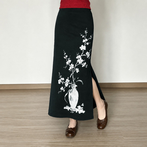 Nueva Falda Midi Recta con Estampado Floral de Pintura de Tinta China Vintage, Diseño Artístico y Elegante con Abertura Lateral, Falda Larga - Product Image 2