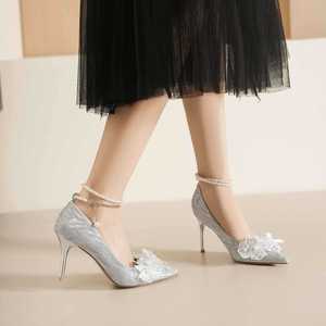 Escarpins de mariée à bout pointu, talon aiguille, bride cheville, décoration florale, doublure satinée, chaussures de mariage à talon haut 6681Y-205 - Product Image 2