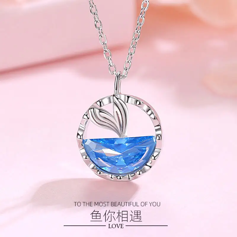 Unique Design 925 sterling silver fish you meet necklace simple fashion fishtail ocean blue diamond necklace female birthday gif