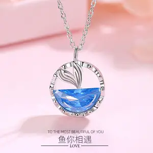 Único design 925 prata esterlina peixe você encontra colar, moda simples oceano azul diamante colar de aniversário feminino gif