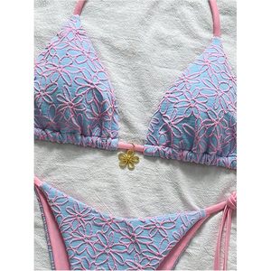 FOXA Women's 2 Piece Halter <b>Bikini</b> <b>Set</b> Floral Textured Tie Side <b>Triangle</b> Swimwear Vacation Outfits - Product Image 4