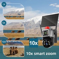 Caméra d'intérieur sans fil 4G solaire avec zoom 10x, étanche IP66, interphone vocal, vision nocturne HD, stockage sur carte SD Cloud, sans électricité ni réseau