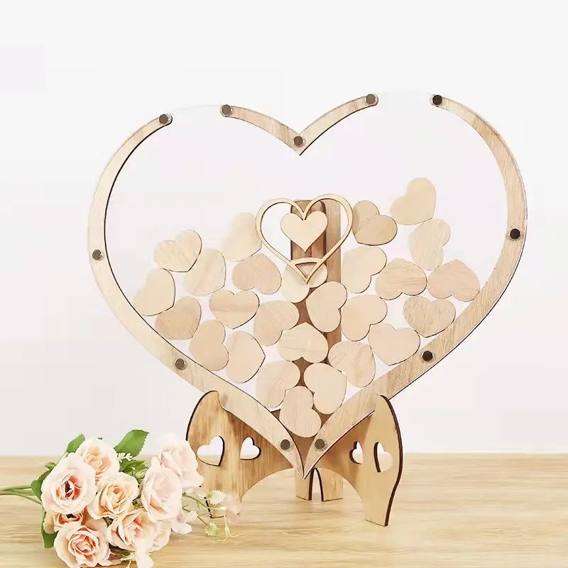 Alternative avec 80 Pcs Cœurs en bois Cadre en bois Drop Box Guestbooks Livre d'or de mariage unique