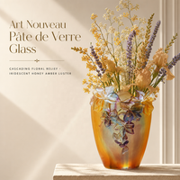 Vase en verre givré ambre avec applique florale 3D, vase floral haut iridescent, décoration d'intérieur, centre de table pour salon, mariage