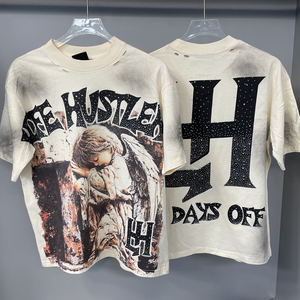 T-shirts pour hommes de la <span class=keywords><strong>marque</strong></span> de mode LH, design personnalisé avec strass et trous, manches courtes, vente <span class=keywords><strong>en</strong></span> gros, T-shirts Life Hustlers pour hommes - Product Image 1