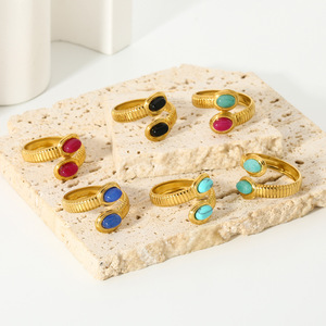 แหวนแฟชั่นชุบทอง 18k สแตนเลสฝังหินธรรมชาติ ดีไซน์เรขาคณิต สำหรับผู้หญิง ของขวัญเครื่องประดับ - Product Image 3