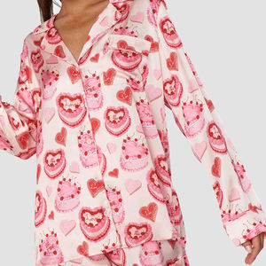 QINSI Women Valentine's Day Pyjama Print 2 Pieces Lapel Long Sleeves <strong>Shorts</strong> <strong>Pj</strong> Set Satin Pajama Set <strong>Christmas</strong> Nightie Sleepwear - Product Image 3