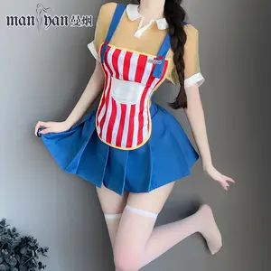 Bán buôn cửa hàng tiện lợi đồng phục Cosplay sọc Maid Sexy Áo lót băng màu xanh xem thông qua câu lạc bộ bên váy