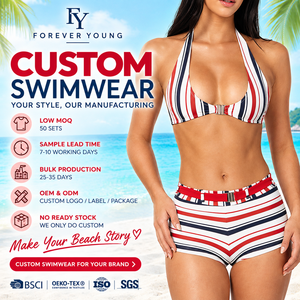 Custom Halter U-Neck <strong>Bikini</strong> Top With <strong>Shorts</strong> With Belt and High Waist OEM Swimsuit Set Luxury Beachwear Supplier - Product Image 1