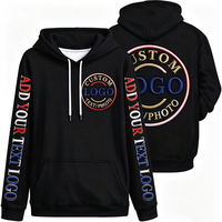 Sweat à capuche noir personnalisé brodé épais unisexe avec logo multi-positions sur manches, poitrine et dos, style streetwear, vente en gros OEM