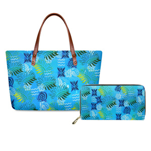 Bolsos de mano personalizados a la moda para mujer, conjunto de monederos y bolsos de mano con estampado azul polinesio tribal samoano Plumeria 71 - Product Image 2