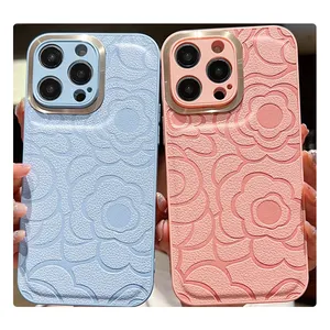 iPhone 13 Pro Max 12 11 14 Pro Max女士封面Capa豪华3D压印山茶花真皮手机套