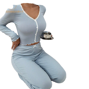 Wholesale Women's Casual Sleepwear Pajamas Sets Sexy <b>Lace</b> Long Sleeve with <b>Elastic</b> Waist Closure Breathable for All Seasons - Product Image 1