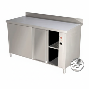 Tavolo riscaldato in acciaio inossidabile con porte scorrevoli e backsplash - Product Image 1