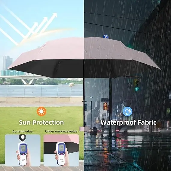 미니 접이식 휴대용 태양 및 비 자외선 차단 소형 경량 플랫 포켓 우산 (케이스 포함)