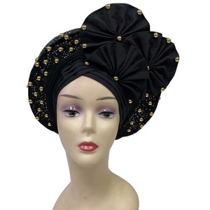 Pañuelo <span class=keywords><strong>de</strong></span> algodón estilo gorro turbante musulmán, gorro <span class=keywords><strong>de</strong></span> turbante africano Aso Oke, fácil <span class=keywords><strong>de</strong></span> usar, para Auto Gele, nuevo, con cuentas, nuevo, para usar - Product Image 4