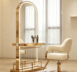Espejo de <span class=keywords><strong>Barber</strong></span>ía con Iluminación LED, Marco de Acero Inoxidable Dorado, Espejo para Peinado con Estante de Mesa - Product Image 5