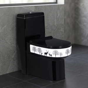 WC monobloc en céramique or et blanc coloré, sans bride, à fixation au sol, avec abattant à fermeture douce - Product Image 2