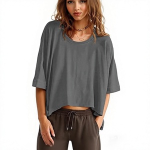 Gray <b>Women</b> Oversized Cropped T-<b>Shirt</b> Short Sleeve <b>Loose</b> Fit - Product Image 1