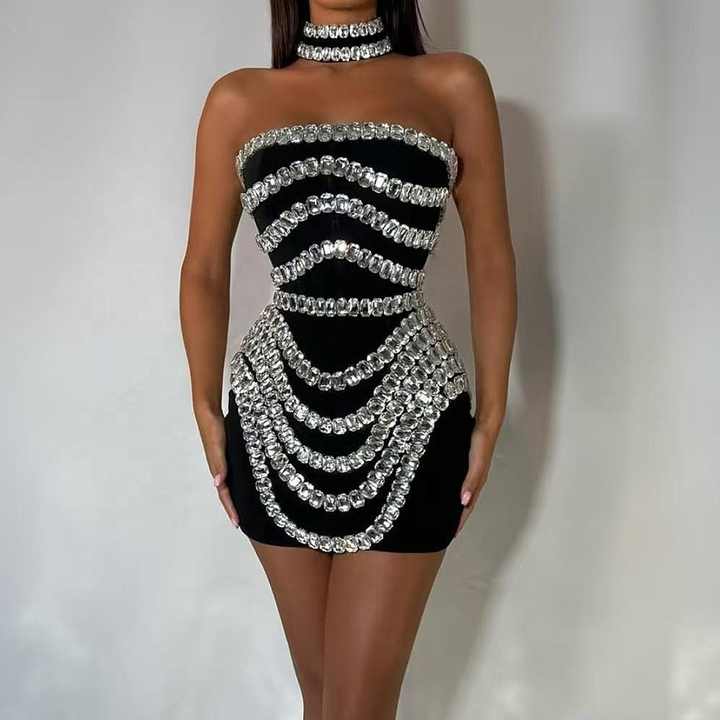 2025 Women'S Light Luxury Nail Bead Chiffon Dress Strapless Sleeveless Glove Design Bodycon Backless Black Long Dresses Vestidos