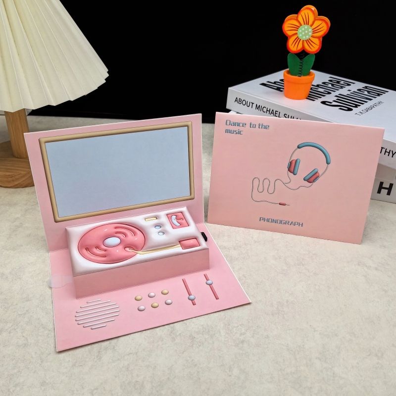 Phonograph recording greeting card-pink-30s recording