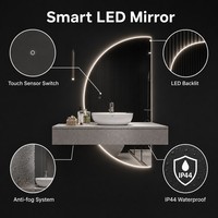 Miroir mural de salle de bain moderne avec lumière LED en forme de demi-lune, interrupteur tactile intelligent