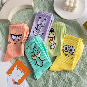 Calzini alla Moda a Metà Polpaccio in Cotone con Jacquard Cartoon Anime <span class=keywords><strong>SpongeBob</strong></span>, Elastici Traspiranti Colorati e Carini - Product Image 1