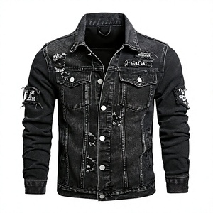 Veste en jean noire pour homme de haute qualité, design unique avec patchwork sur les manches, style streetwear premium, effet usé, 100% HME - Product Image 4