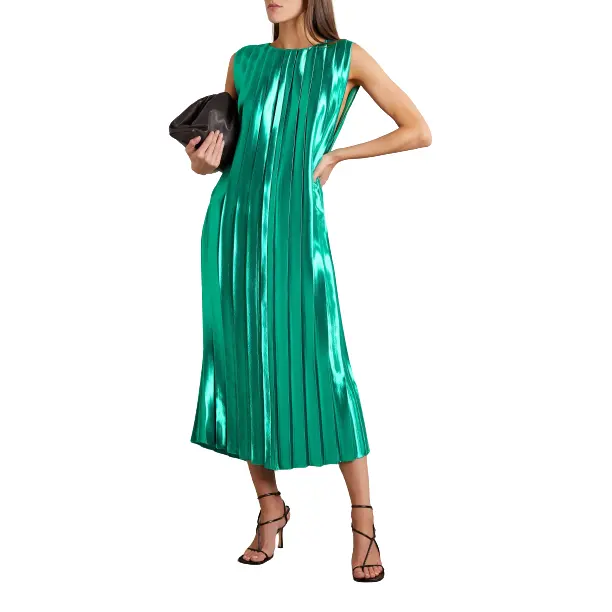 2023 Summer New Pleated Glossy Sleeveless Design Custom Color Solid Loose Midi Dress