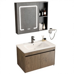 Modern Bathroom <b>Vanity</b> <b>With</b> Led <b>Mirror</b> Ceramic Basin 60 In Floor Standing Dark Wood Finish Contemporary Design - Product Image 1