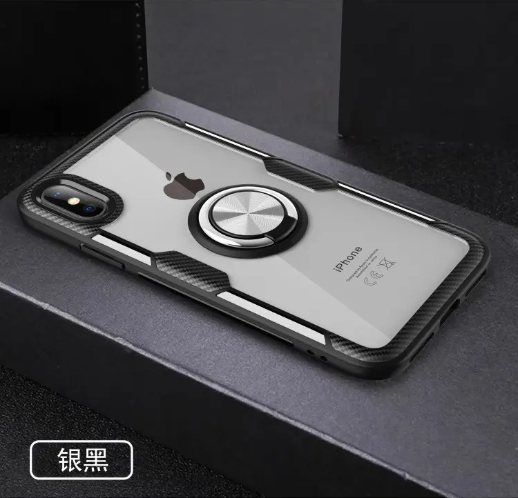 Carbon Pattern Shock Proof Transparent Kickstand Ring Phone Cover For Iphone X 11 12 Cases