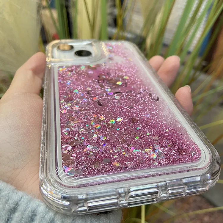 Capa traseira para iPhone 14 3 em 1 com glitter líquido areia movediça padrão OEM ODM areia rápida