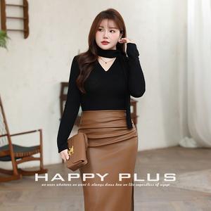 แฮปปี้ พลัสเสื้อถักคอวีผู้หญิงพลัสไซส์ N9045 สีม่วงหมึกสีดำสีทึบผ้าโพลีเอสเตอร์ความหนาปานกลาง - Product Image 4