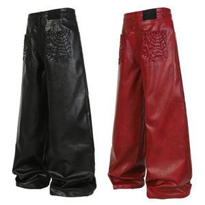 <span class=keywords><strong>Pantaloni</strong></span> in Pelle PU Impermeabili con Zip, Ricamo a Ragnatela, Gamba Larga, Stile Baggy e Accumulato - Product Image 2