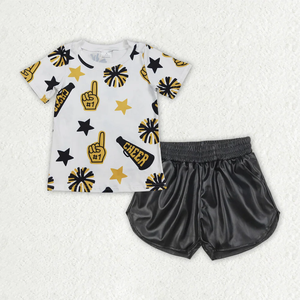 Wholesale Kids Girls Clothing Set Short Sleeve Cheer Print Tops + Leather Shorts Outfits Team <b>Clothes</b> Summer Children's Set - Product Image 3