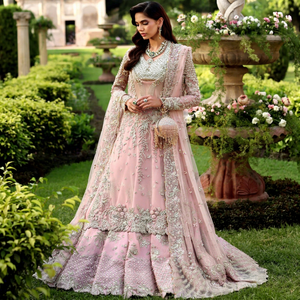 <b>Pink</b> Organza <b>Wedding</b> <b>Dress</b> Embroidered Net Anarkali Suit Long Sleeve Dupatta Beaded Floral Party <b>Dress</b> - Product Image 1