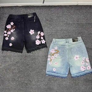 Pantalones cortos de mezclilla personalizados con bordado de flor de cerezo estilo callejero, pantalones capri Y2K holgados de estilo retro hip-hop inspirados en Harajuku - Product Image 5