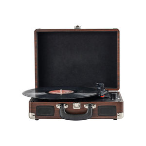 Tourne-disque vinyle multifonction en bois au design moderne, lecteur de disques à entraînement par courroie, style gramophone, avec étui - Product Image 1