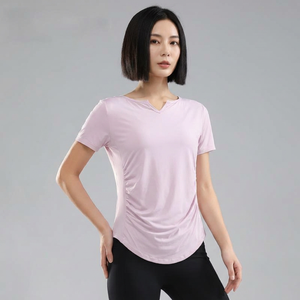 T-shirt de sport athlétique pour femme, col en V, froncé sur les côtés, léger, coupe ample, manches courtes, idéal pour le yoga, la course et la gym, vente en gros - Product Image 1
