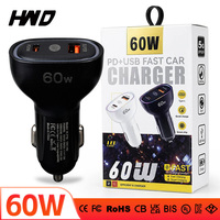 Chargeur de voiture personnalisé en gros 60W GaN Tech PD3.0 PPS Type-C Type-A double port avec indicateur LED pour ordinateur portable, téléphone et tablette