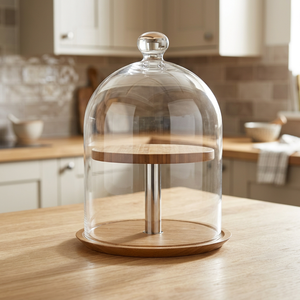 Decorative <b>2</b>-<b>Tier</b> Wood Cake <b>Stand</b> Glass Dome Eco-Friendly DIY Handmade Oven Dishwasher Safe Kitchen/Bakery Use BS INTERNATIONAL - Product Image 1