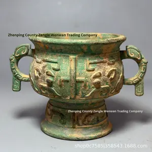 골동품 중국 청동 구이 선박, Taotie 패턴 및 이중 손잡이가 있는 고대 의식 도자기, 소장 예술 장식 - Product Image 4