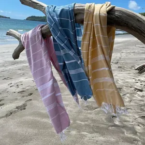 Organic Cotton Turkish Towels Oversized Beach Towels Custom White 100% Turkish Cotton Striped With Tassels Large Beach Towel
