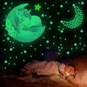 New luminous unicorn stickers for children's rooms colorful fluorescent luminous castle moon stars self-adhesive wall stickers