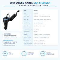 Chargeur de voiture USB C 3 en 1 60W, adaptateur de charge rapide avec câble Type C enroulé de 1,6 m, PD30W QC18W pour véhicules 12V 24V