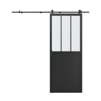 Porte coulissante de grange en verre noir avec cadre en acier cannelé, design loft, 3 vitres, avec plinthe, double porte intérieure avec verre