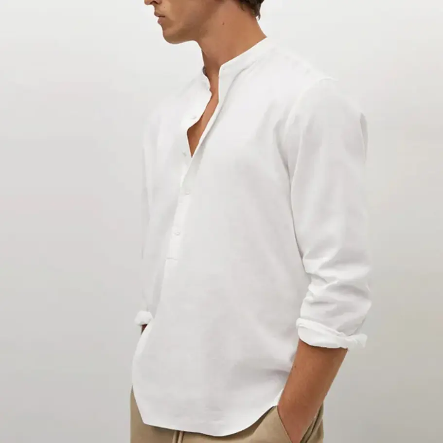 قميص كتان للرجال مناسب بشكل مستدام بياقة ماو قميص رجالي بأكمام طويلة
