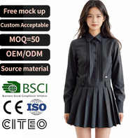 Schwarzes Plissiertes Hemdkleid für Damen Langarm Pintuck-Front Minikleid mit Kragen Elegantes Büro-Outfit für Herbst und Winter