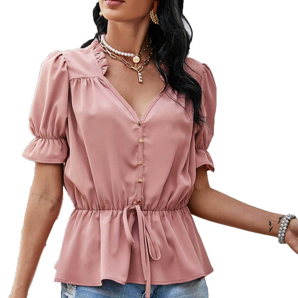 High Quality Solid Color short sleeve blouse women Blouses with Open Stitch Women Blouse V-neck Women